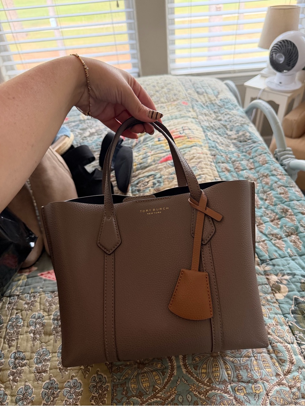 Tory Burch taupe leather satchel with tan tag